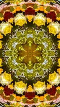 Vertical frame Rose design in a circle with green leaves and sky Foto stock