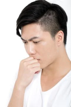 Vertical frame Thinking question hand Alone Adults only Close-up White Stock Photos