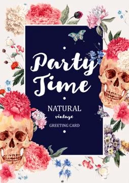 Vertical frame vector card with skull and pink peony Stock Illustration