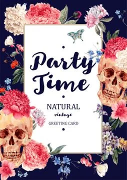 Vertical frame vector card with skull and pink peony Stock Illustration