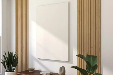 A Vertical Frameless Canvas on Light Wall in Modern Interior. 3D render. Stock Illustration