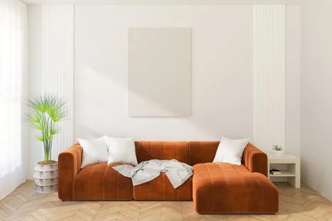 A Vertical Frameless Canvas on Light Wall in Modern Interior. 3D Render. Stock Illustration