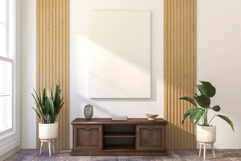 A Vertical Frameless Canvas on Light Wall in Modern Interior. 3D Render. Stock Illustration