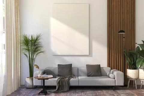 A Vertical Frameless Canvas on Light Wall in Modern Interior. 3D Render. Stock Illustration