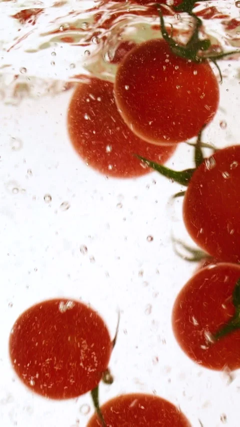 Vertical fresh red cherry tomatoes moving and splashing in water in slow motion Stock Footage 313465621