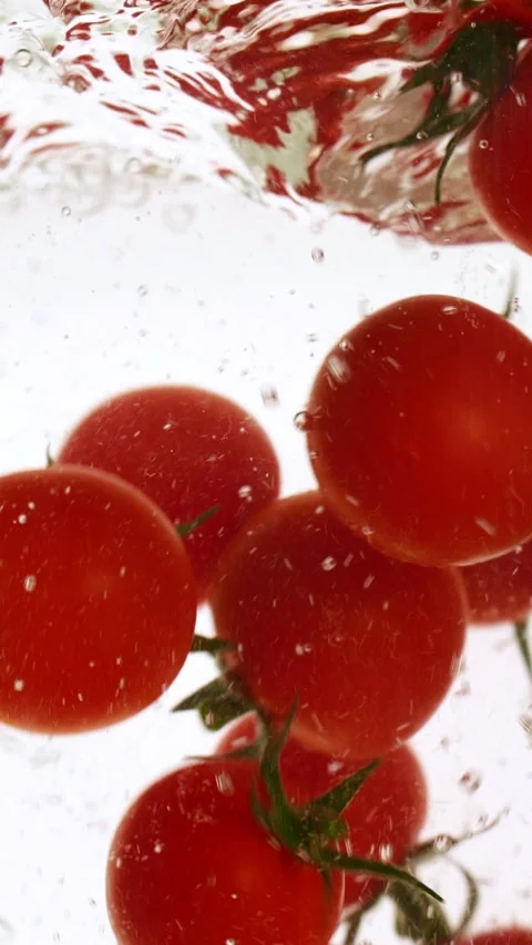Vertical fresh red cherry tomatoes moving and splashing in water in slow motion Stock Footage 318436042