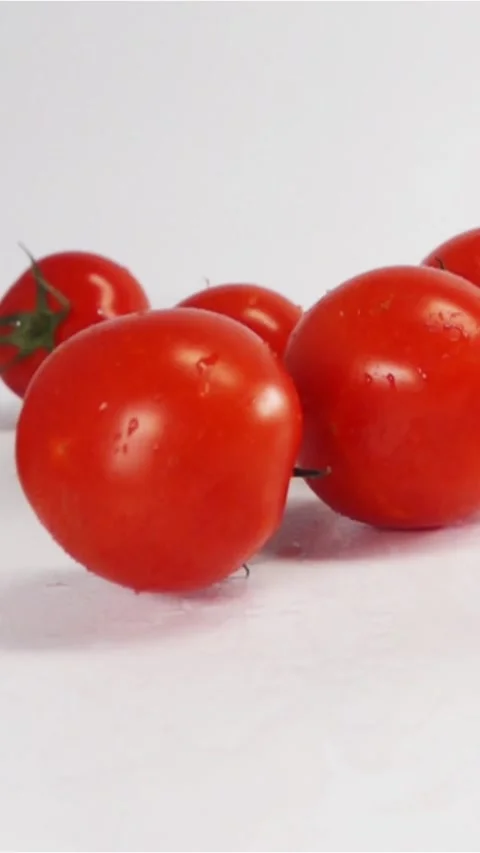 Vertical of Fresh red tomatoes falling and bouncing on white background. Stock Footage 305517272
