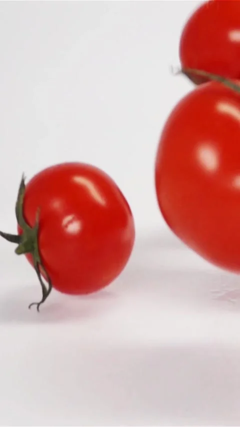 Vertical of Fresh tomatoes falling on white surface. Stock Footage 305517251