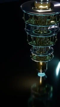 Vertical Front View of Golden Quantum Computer, Vertical 9:16 Photo Stock Photos