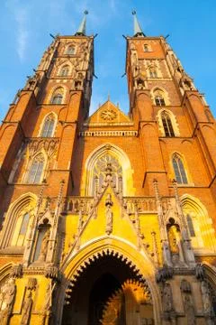 Vertical front view of St. John the Baptist cathedral at sunset Stock Photos