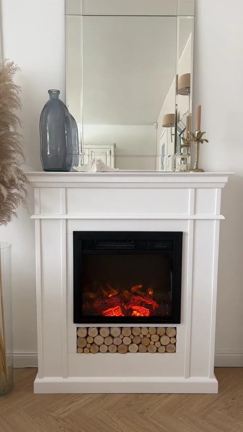 Vertical full view of white modern electric fireplace with flame effect Video stock 346486208