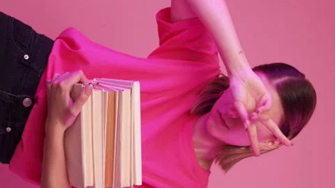 Vertical funky student book fair happy woman Stock Footage 255547006