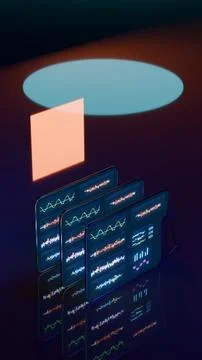 Vertical futuristic 3D render of glowing tablets with orange spotlight Stock Illustration
