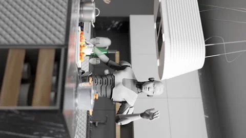 Vertical of futuristic chef  robot humanoid cyber cocking inside a house Video stock 258339014