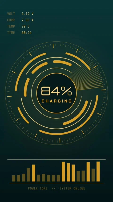 Vertical futuristic HUD charging interface with rotating rings and data Stock-Footage 348617940