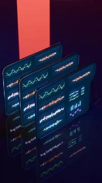 Vertical futuristic render of glowing tablets with red spotlight background Illustrazione stock