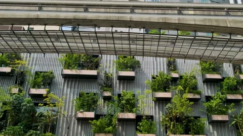 Vertical garden on modern building under metro train bridge with green plants in Stock Footage 280107007