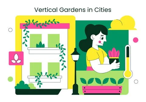Vertical Gardens In Cities Vector Illustration With Urban Green Buildings, .. Stock Illustration
