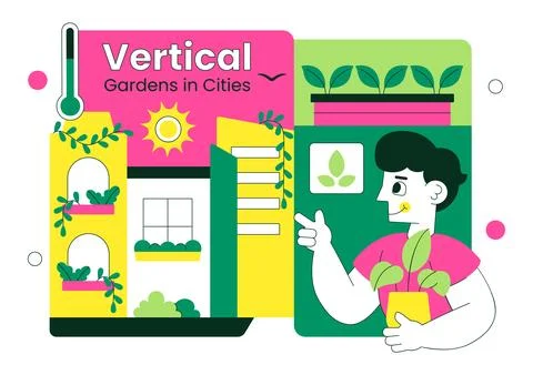 Vertical Gardens In Cities Vector Illustration With Urban Green Buildings, .. Stock Illustration