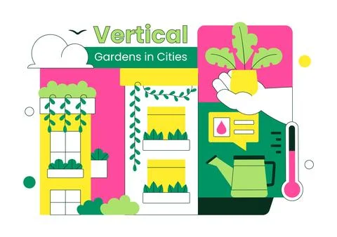 Vertical Gardens In Cities Vector Illustration With Urban Green Buildings, .. Stock Illustration