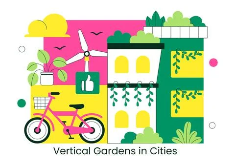 Vertical Gardens In Cities Vector Illustration With Urban Green Buildings, .. Stock Illustration