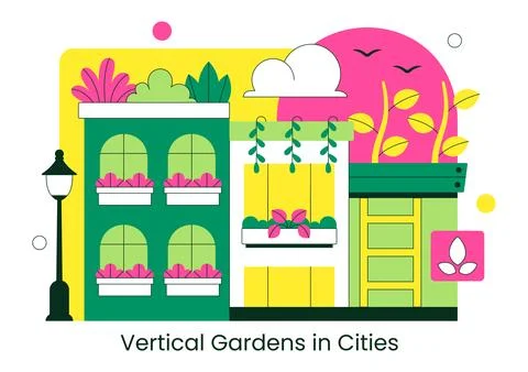 Vertical Gardens In Cities Vector Illustration With Urban Green Buildings, .. Stock Illustration