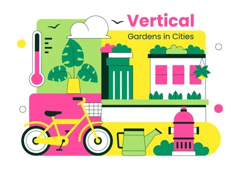 Vertical Gardens In Cities Vector Illustration With Urban Green Buildings, .. Stock Illustration