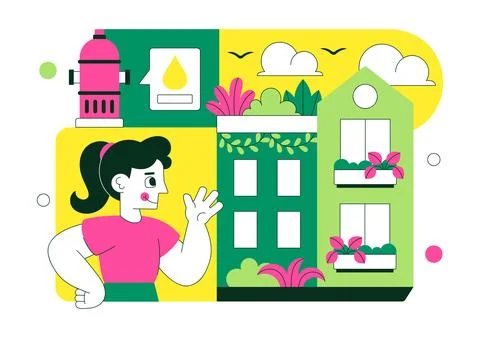 Vertical Gardens In Cities Vector Illustration With Urban Green Buildings, .. Stock Illustration