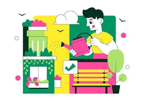 Vertical Gardens In Cities Vector Illustration With Urban Green Buildings, .. Stock Illustration