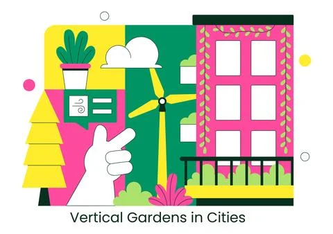 Vertical Gardens In Cities Vector Illustration With Urban Green Buildings, .. Stock Illustration