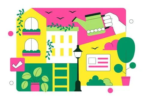 Vertical Gardens In Cities Vector Illustration With Urban Green Buildings, .. Stock Illustration