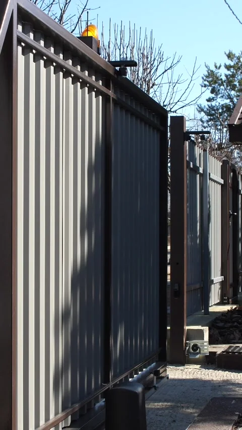 Vertical gate is closed by remote control before entering the courtyard of house Stock Footage 267734156
