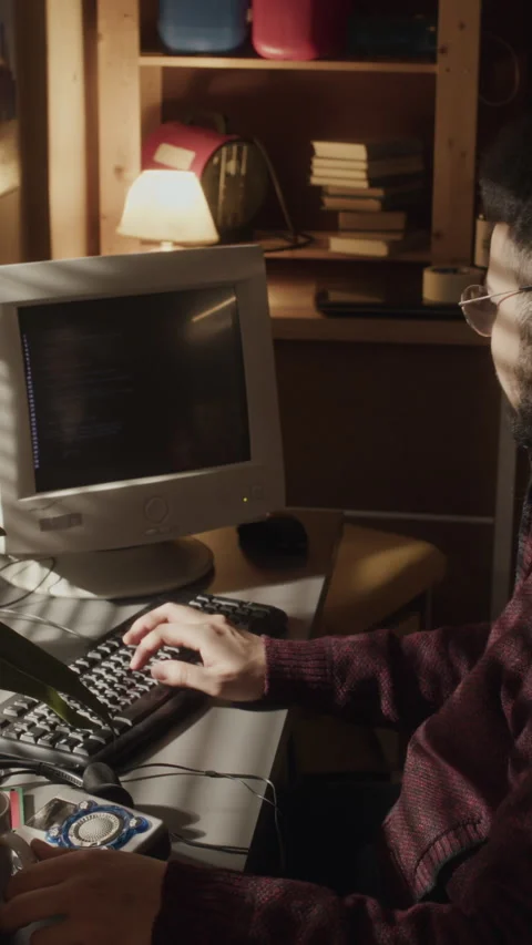 Vertical of Geek Typing Program Codes on Old Computer Stock Footage 276415568