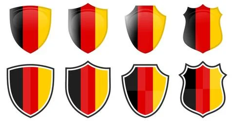 Vertical German flag in shield shape, four 3d and simple versions. Germany... Stock Photos