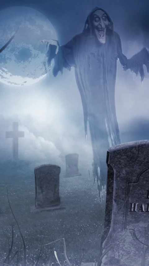Vertical Ghostly Dark Graveyard in the Moonlight 4K Stock Footage 274453070