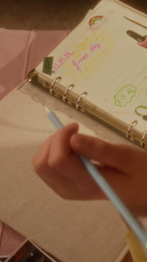 Vertical of Girl Journaling, Placing Printed Photo in Personal Diary Stock Footage 343645238