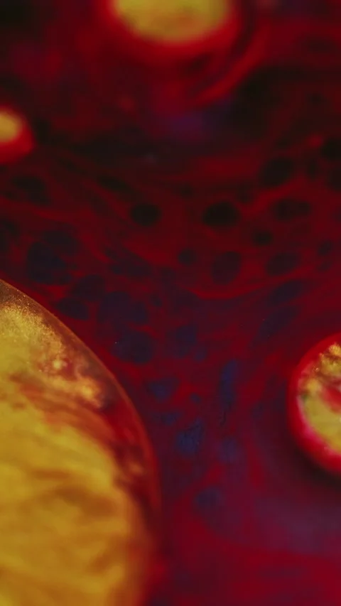 Vertical glitter bubbles oil blob red golden paint Video stock 283948029