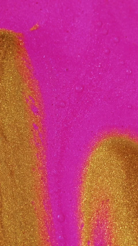 Vertical Glitter paint drip ink spill pink golden fluid mix Stock Footage 285337071
