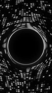 Vertical glowing circle with halftone particle network on dark background. .. Stock Illustration