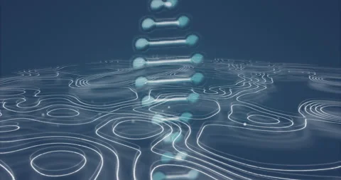 Vertical glowing cyan nodes being animated over contour grid in 3D render, with Stock Footage 307453873