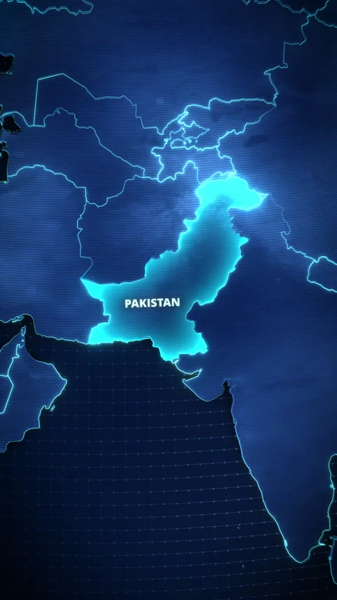 Vertical Glowing Digital Map Of Pakistan With Pulsating Neon Border Stock Footage 336570744
