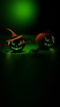 Vertical glowing jack o lantern pumpkins on green Halloween light Stock Illustration