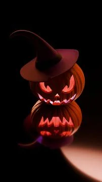 Vertical glowing pumpkin double stacked with witch hat spotlight Stock Illustration