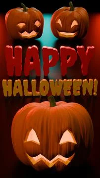 Vertical glowing pumpkins above Happy Halloween text with face Ilustração Stock