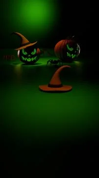 Vertical glowing pumpkins with witch hat and copyspace green light Stockillustratie