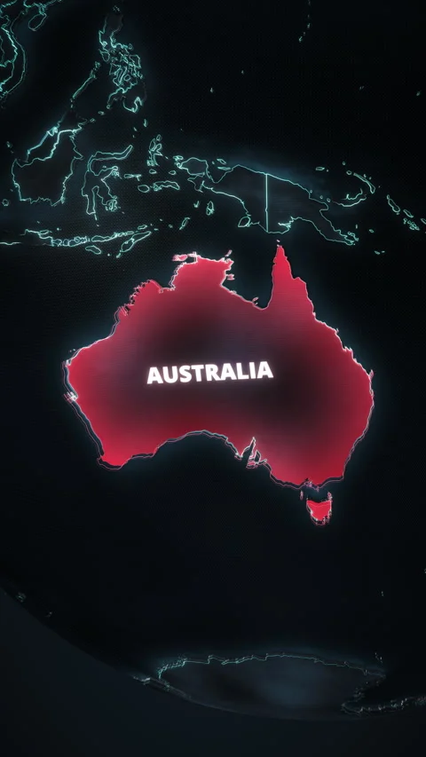 Vertical glowing red alert map of Australia, Oceania for mobile news. Stock Footage 340129406