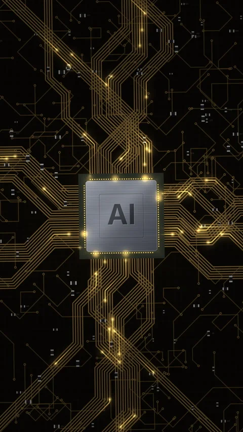 Vertical gold AI microchip on a dark motherboard with glowing amber traces,.. 库存影片 346891947