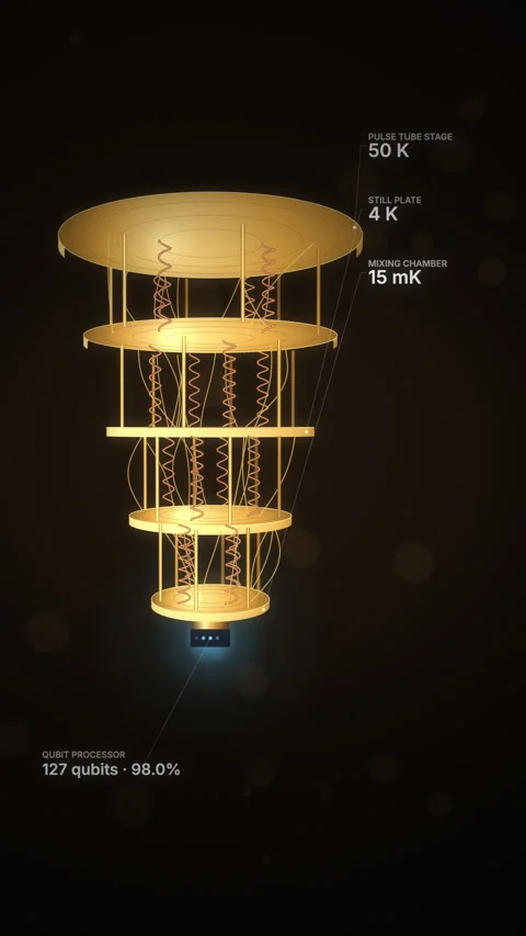 Vertical gold quantum computer with labeled cryogenic stages and qubit chip.. 스톡 동영상 346961095