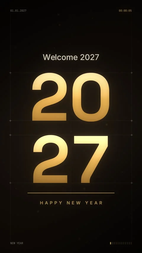 Vertical gold year number changes from 2026 to 2027 with Happy New Year tex.. Stock Footage 347670844
