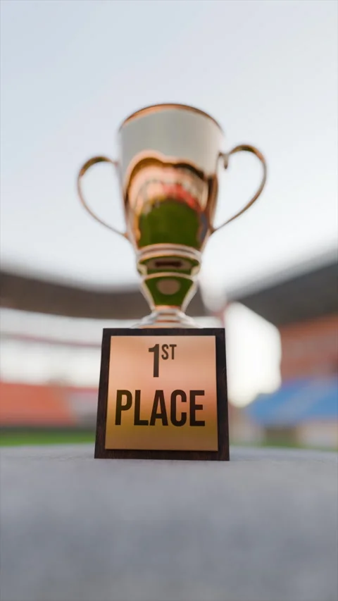 Vertical golden or bronze trophy cup, first place label, located on soccer field Stock Footage 301285527